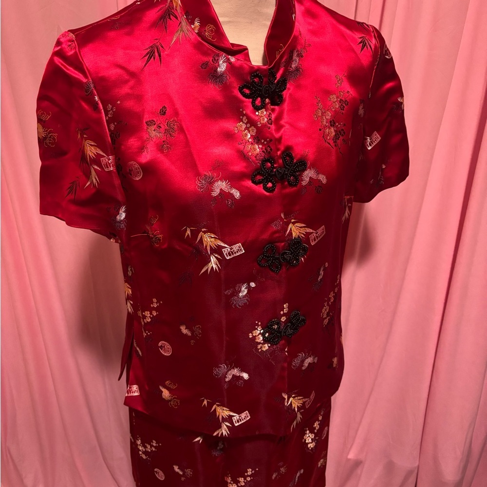 Elegant Red Satin Two-Piece Set